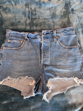 High-Waisted Distressed Denim Shorts - Medium Blue